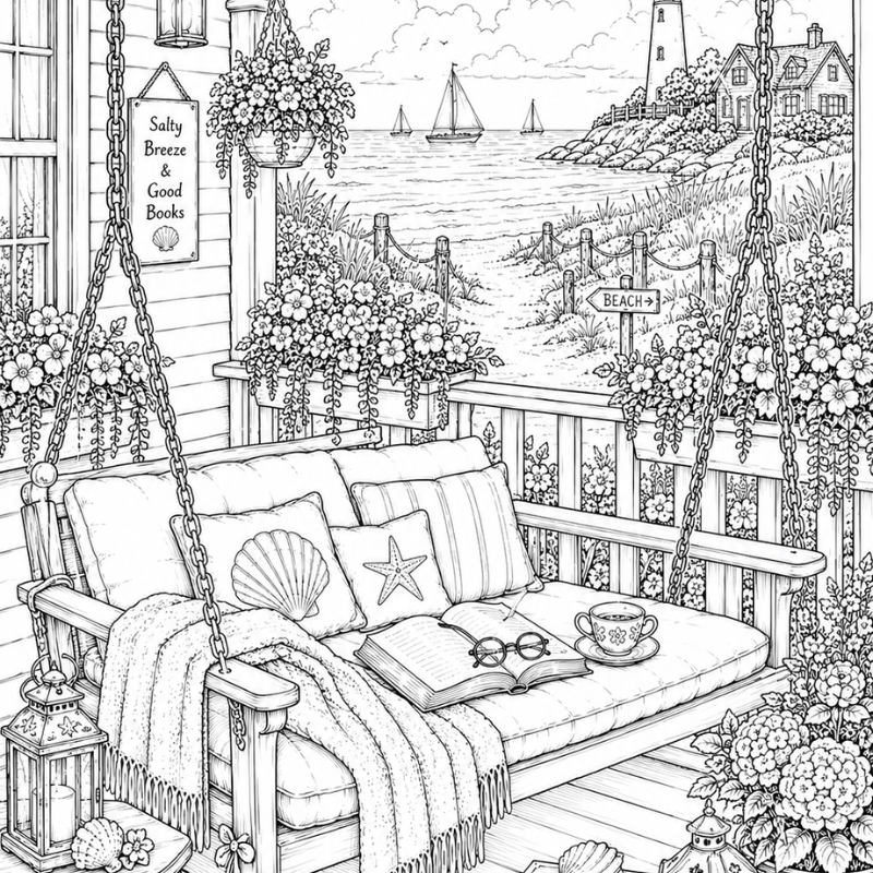 Cozy Reading Retreats Coloring Book: 50 Cozy Reading Retreat Scenes to Color | Willow Haven Co Lakeside reading escape coloring page