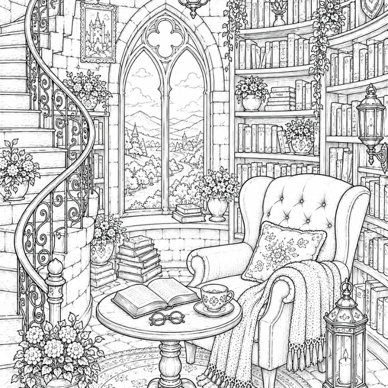 Cozy Reading Retreats Coloring Book: 50 Cozy Reading Retreat Scenes to Color | Willow Haven Co Cozy library coloring page from the Reading Retreats Coloring Book