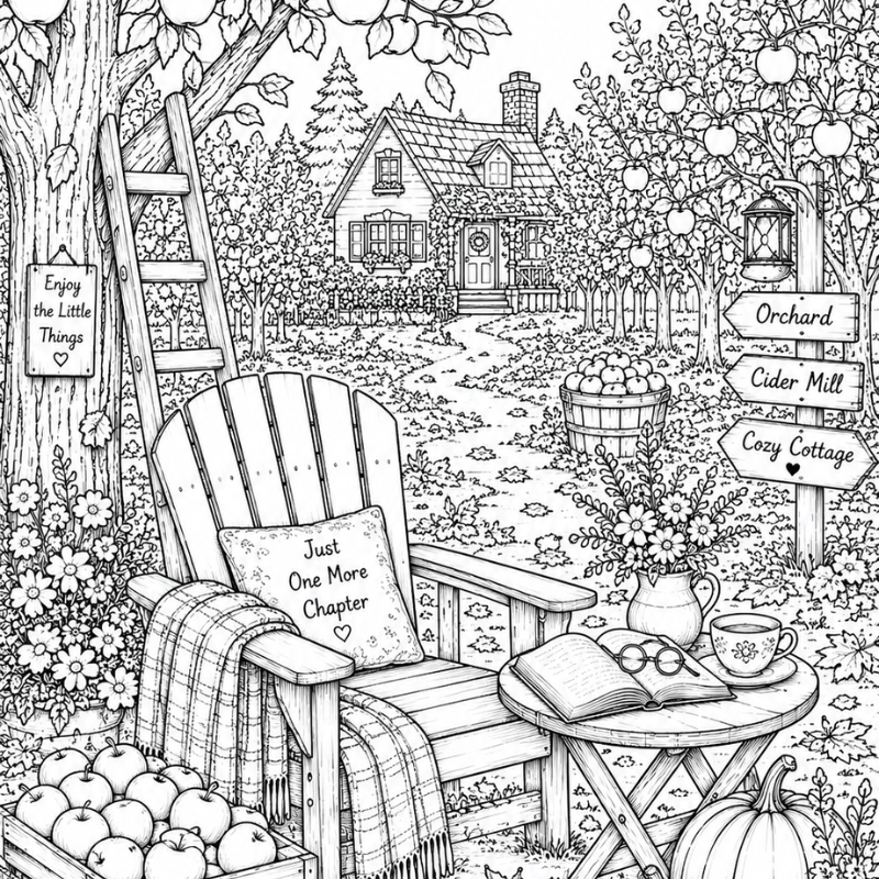 Cozy Reading Retreats Coloring Book: 50 Cozy Reading Retreat Scenes to Color | Willow Haven Co Garden reading retreat coloring page