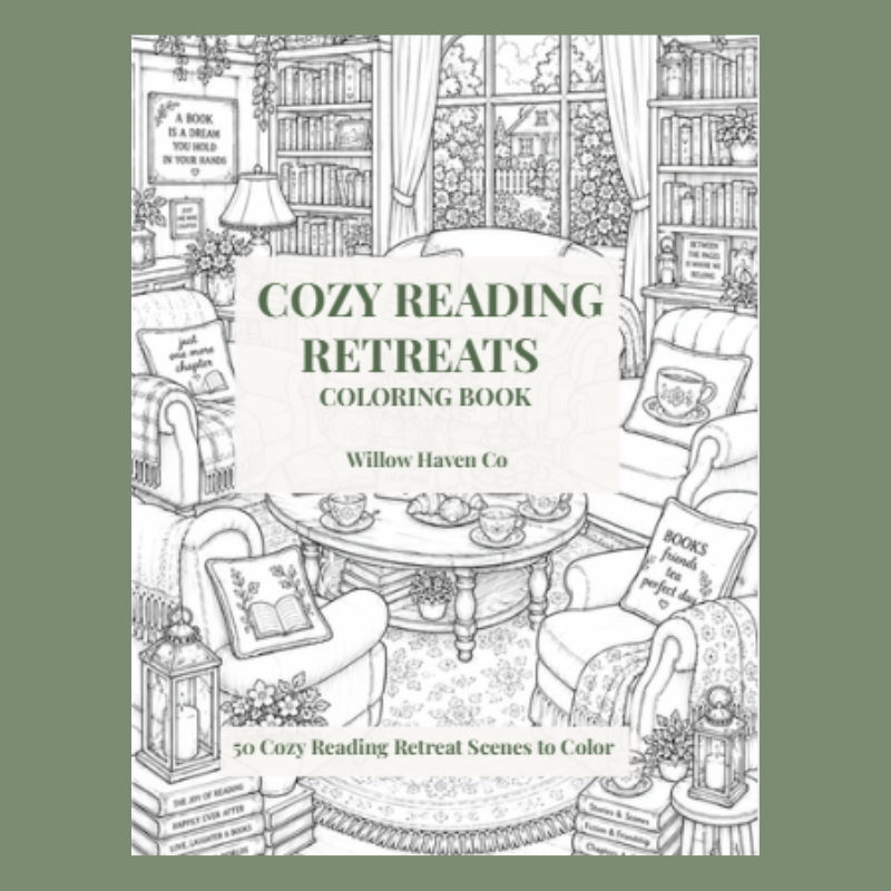 Cozy Reading Retreats Coloring Book: 50 Cozy Reading Retreat Scenes to Color | Willow Haven Co Cozy Reading Retreat Coloring Book Cover